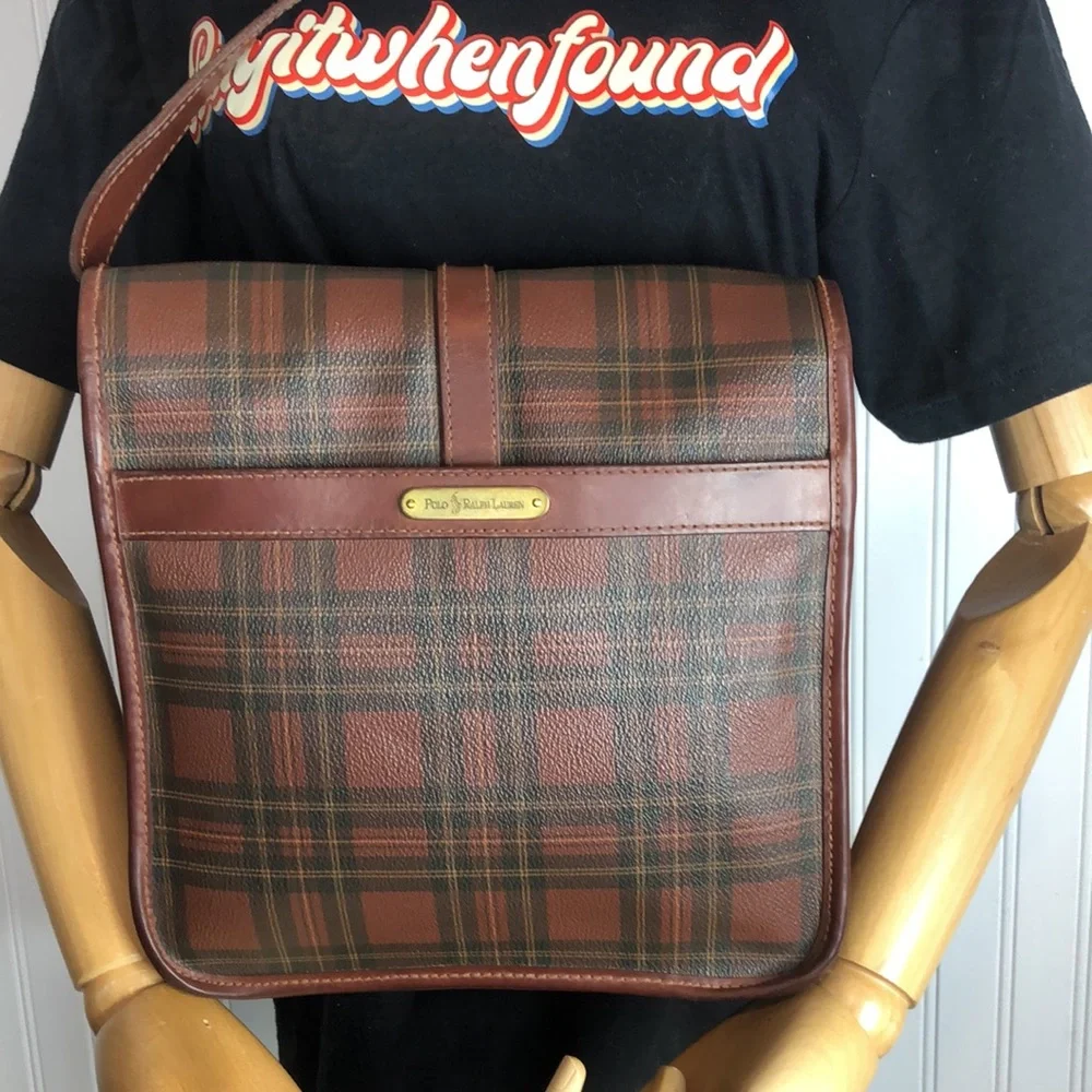 RALPH LAUREN Tartan Plaid Large Leather Crossbody Messenger Shoulder Bag